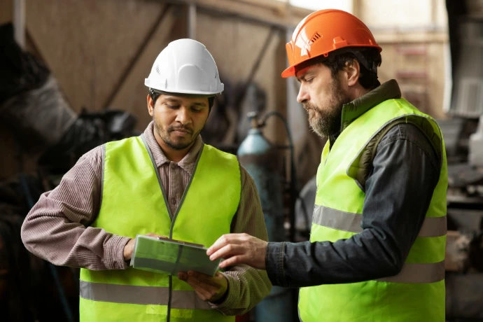 Two engineers looking at a clipboard